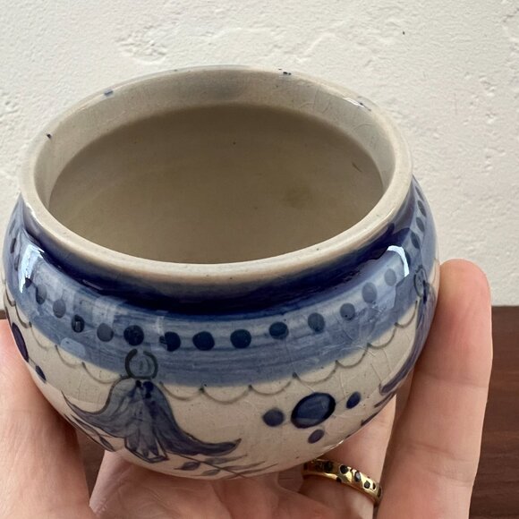 Antique Carvalhinho Porto Portugal Ceramic Blue White Bowl Vase hand painted pot - Picture 11 of 14